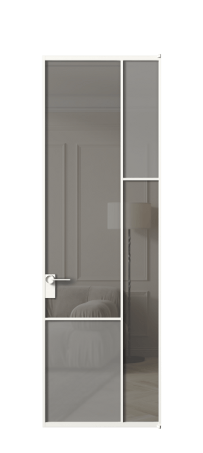 Межкомнатная дверь Mosaic АЛПЛ041.12 Алюминий Белый Сатинированное серое стекло, триплекс, 6 мм + Прозрачное серое стекло, триплекс Цена 160070 ₽ | Volhovec